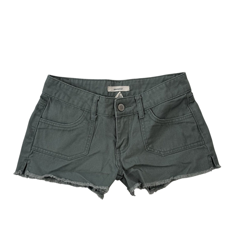 Blue Asphalt Womens Olive Green Denim Shorts Raw Hem Low Rise Size 1/25
